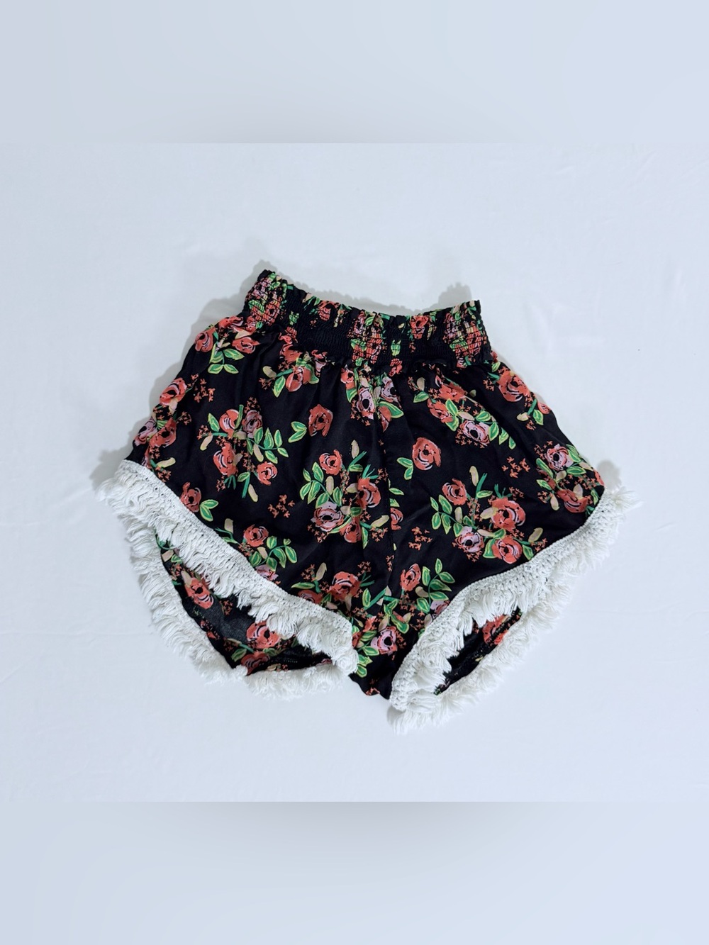 NATURAL LIFE Black, Green, and Coral Floral Fringe Shorts